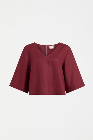 Llinen Light V Neck Top in Bordeaux
