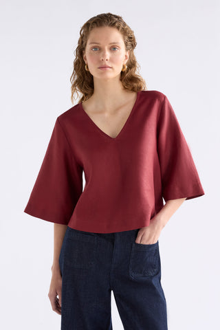 Llinen Light V Neck Top in Bordeaux
